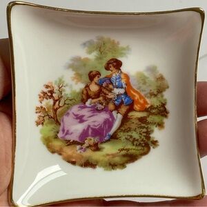 Vintage Limoges Trinket Dish Porcelain Square Victorian Couple Stamped EUC 3”